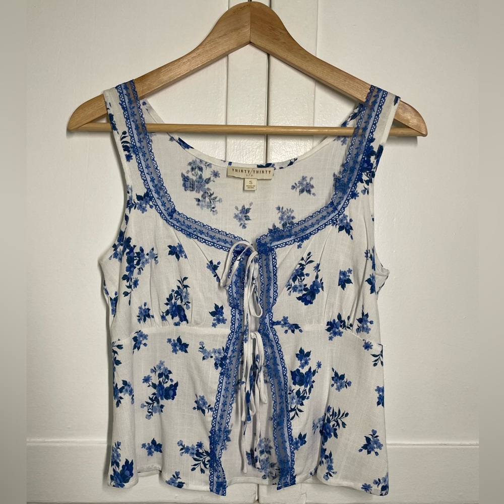 Y2K Floral Tie Front Tank in Blue and White